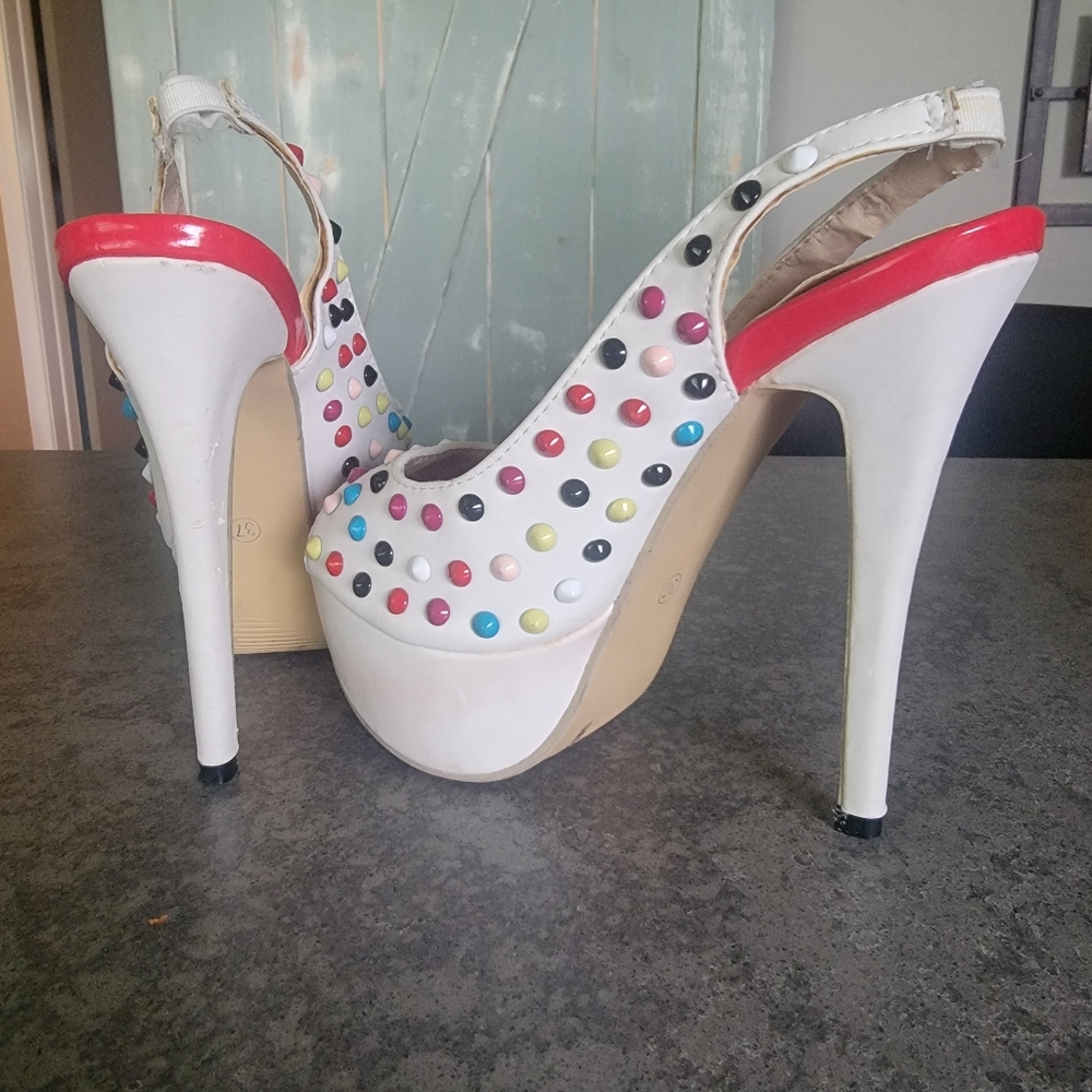 Ladies spike chunky ,fun, polka dotted , high heels